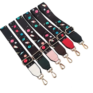 Adjustable planet pattern bag straps with leather ends and gold metal hooks set