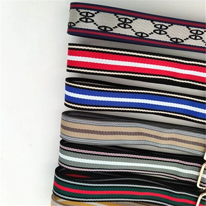 Adjustable wide canvas shoulder straps with striped patterns and gold metal hooks