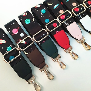 Adjustable wide nylon bag straps with space theme patterns and gold metal buckles