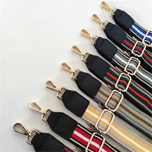 Adjustable woven canvas shoulder straps in colorful stripes with gold swivel buckles