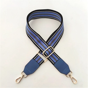 Close-up of adjustable striped woven strap with blue leather trim and gold metal hooks