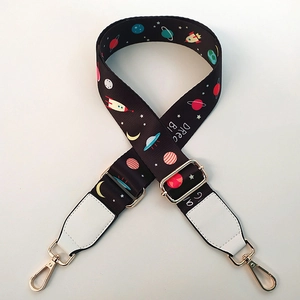 Adjustable wide crossbody bag strap with colorful planet prints and gold metal hooks
