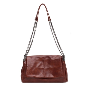 Brown quilted PU leather crossbody bag with chain strap and vintage metal hardware