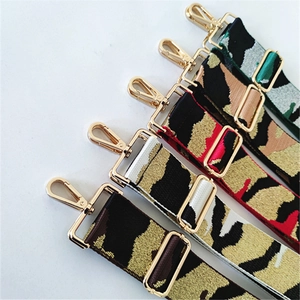 Five styles of 5cm wide camouflage and leopard print woven straps with gold metal hooks