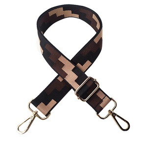 Adjustable wide replacement strap with brown geometric pattern and gold hardware