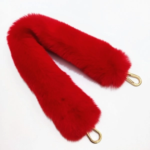 Bright red faux rabbit fur shoulder strap for handbags with golden metal spring rings
