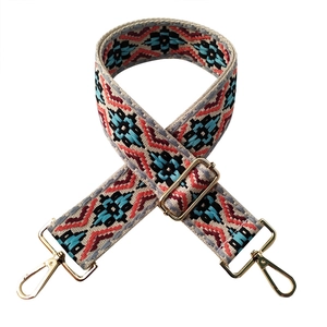 Adjustable geometric jacquard wide shoulder strap with golden metal lobster clasps