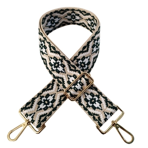 5cm wide embroidered jacquard bag strap with geometric patterns and gold metal hardware