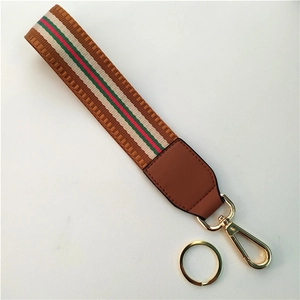 Colorful striped woven PU leather wristlet strap keychain with gold metal lobster clasp
