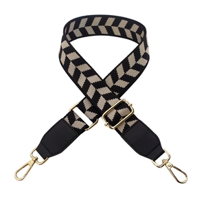 Adjustable wide replacement strap with black and beige zigzag pattern and gold hooks