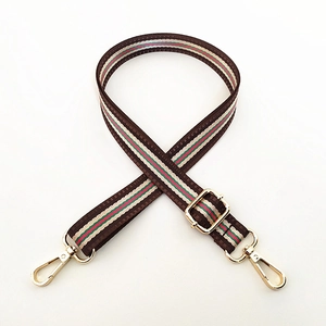 Detail view of ethnic stripe canvas strap with adjustable golden lobster clasps and buckles