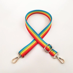 Detail of 2.5cm colorful rainbow woven bag strap with light gold metal swivel hooks