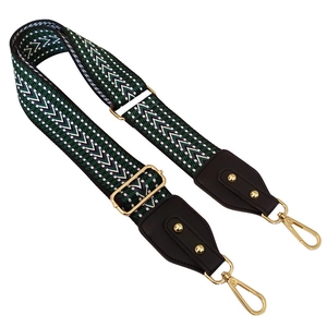 Adjustable wide replacement shoulder strap with green and white geometric ethnic embroidery