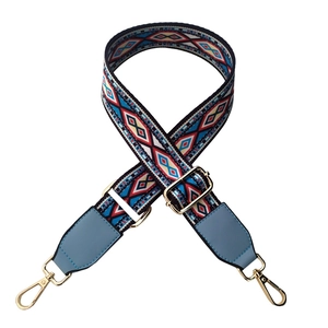 Adjustable colorful bohemian woven shoulder strap with geometric patterns and gold metal hooks