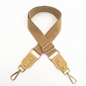 Adjustable wide cotton bag strap with khaki canvas and gold metal lobster clasps
