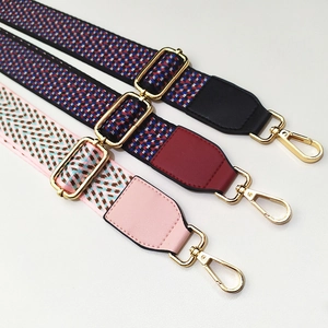 Detailed view of adjustable ethnic woven bag straps with colorful patterns and gold hardware