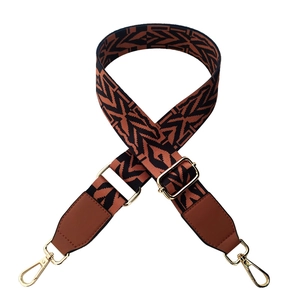 Ethnic geometric jacquard replacement bag strap with golden buckles and brown leather