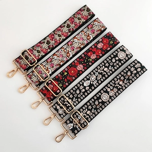 Adjustable jacquard ethnic wide bag straps with floral embroidery and gold metal clips