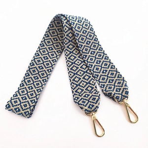 Ethnic blue and white geometric woven cotton shoulder strap with gold lobster clasps