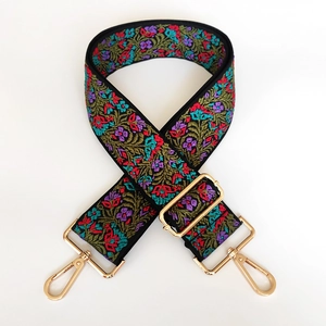 Ethnic style jacquard wide adjustable shoulder strap with floral embroidery and gold hooks