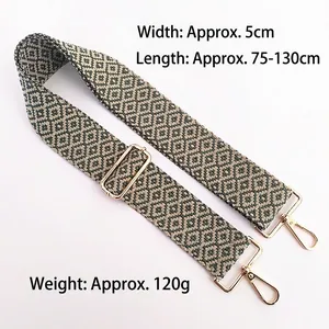 Adjustable 5cm wide cotton shoulder strap with green geometric embroidery and gold hooks