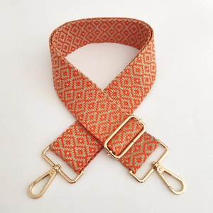 Adjustable geometric orange and beige embroidered cotton bag strap with gold metal hooks