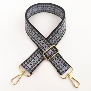 Détail d'une bandoulière large ajustable avec motifs géométriques violets et bleus