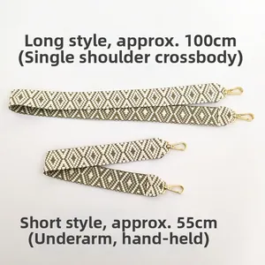 Detail view of ethnic jacquard strap in olive and beige with gold lobster clasps