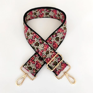 Ethnic jacquard embroidery wide shoulder strap with floral patterns and gold metal clips