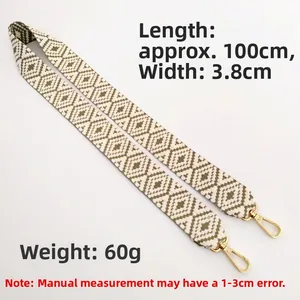 Close-up of geometric pattern strap with golden metal hooks and 3.8cm width dimensions