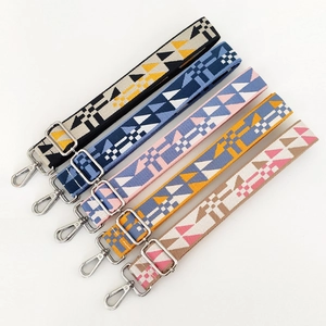 Adjustable wide replacement bag straps with colorful geometric patterns and silver buckles