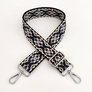 Close-up of 3.8cm jacquard ethnic bag strap with geometric patterns and silver metal buckles