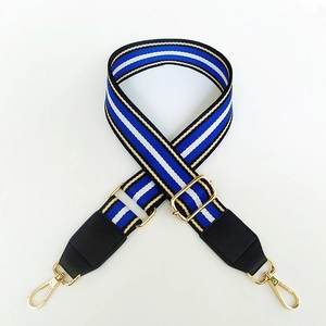 Détail de la sangle en nylon rayé bleu et blanc avec attaches dorées et cuir noir