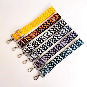 Detail of adjustable woven straps with geometric patterns and silver metal buckles