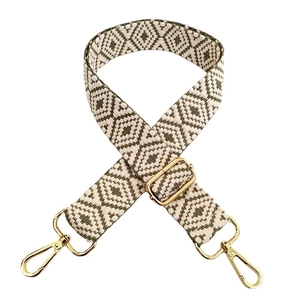 Adjustable bohemian geometric jacquard bag strap with army green pattern and gold hooks