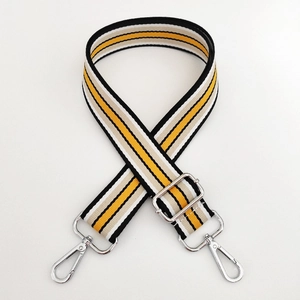 Adjustable wide striped bag strap with silver metal lobster clasps and buckles
