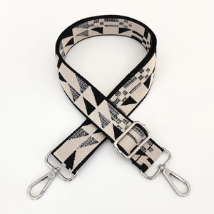 Close-up of wide geometric pattern fabric strap with silver metal lobster clasps