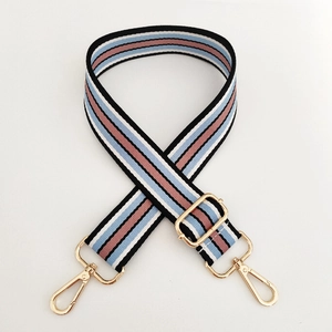 Adjustable striped shoulder strap with colorful pattern and gold metal hardware clips