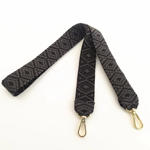 Ethnic wide woven shoulder strap with grey geometric pattern and gold swivel snap hooks