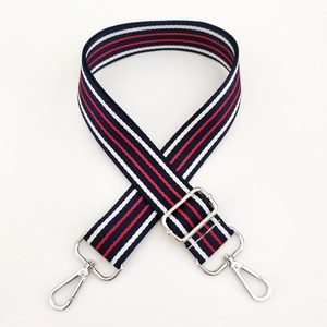 Adjustable red white and blue striped bag strap with silver swivel metal hooks