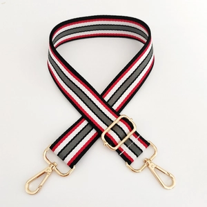 Close-up of colorful striped bag strap with golden metal buckles and adjustable length