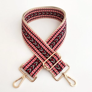 Adjustable woven strap with red, black, and beige boho V-pattern and gold metal hooks
