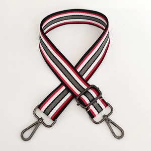 Close-up of adjustable striped shoulder strap with red, white and grey nylon webbing
