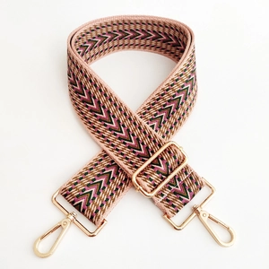 Detail of colorful geometric jacquard bag strap with gold metal lobster hooks