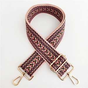 Close-up of adjustable woven shoulder strap with colorful V-shape geometric patterns