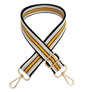 Adjustable woven multi-color striped bag strap with gold metal hardware for handbags