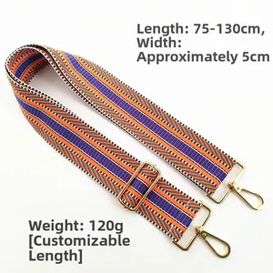 Detail of bohemian ethnic wide strap with golden metal lobster clasps and colorful patterns