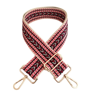 Wide adjustable woven bag strap with red and black V-pattern and gold hardware