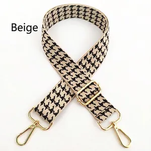 Adjustable wide houndstooth shoulder strap for handbags with golden metal hardware hooks