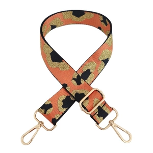 Adjustable leopard print wide shoulder strap with gold metallic thread and spring hooks